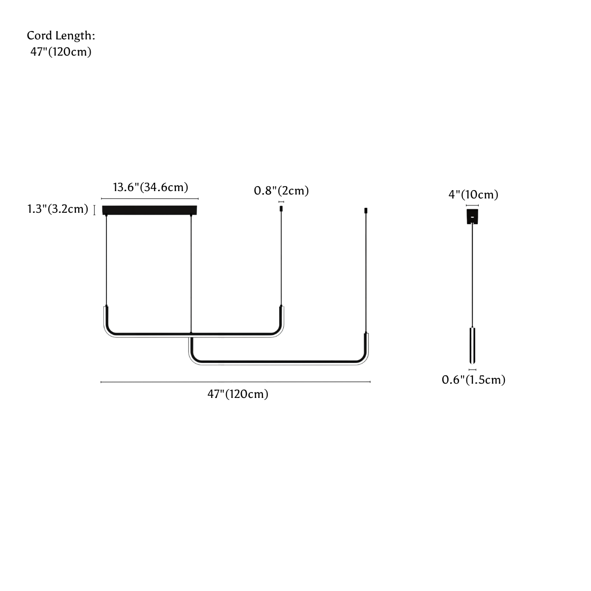 Clérachic chandelier dimension drawing, Double Side, every measurement marked in centimetres and inches.