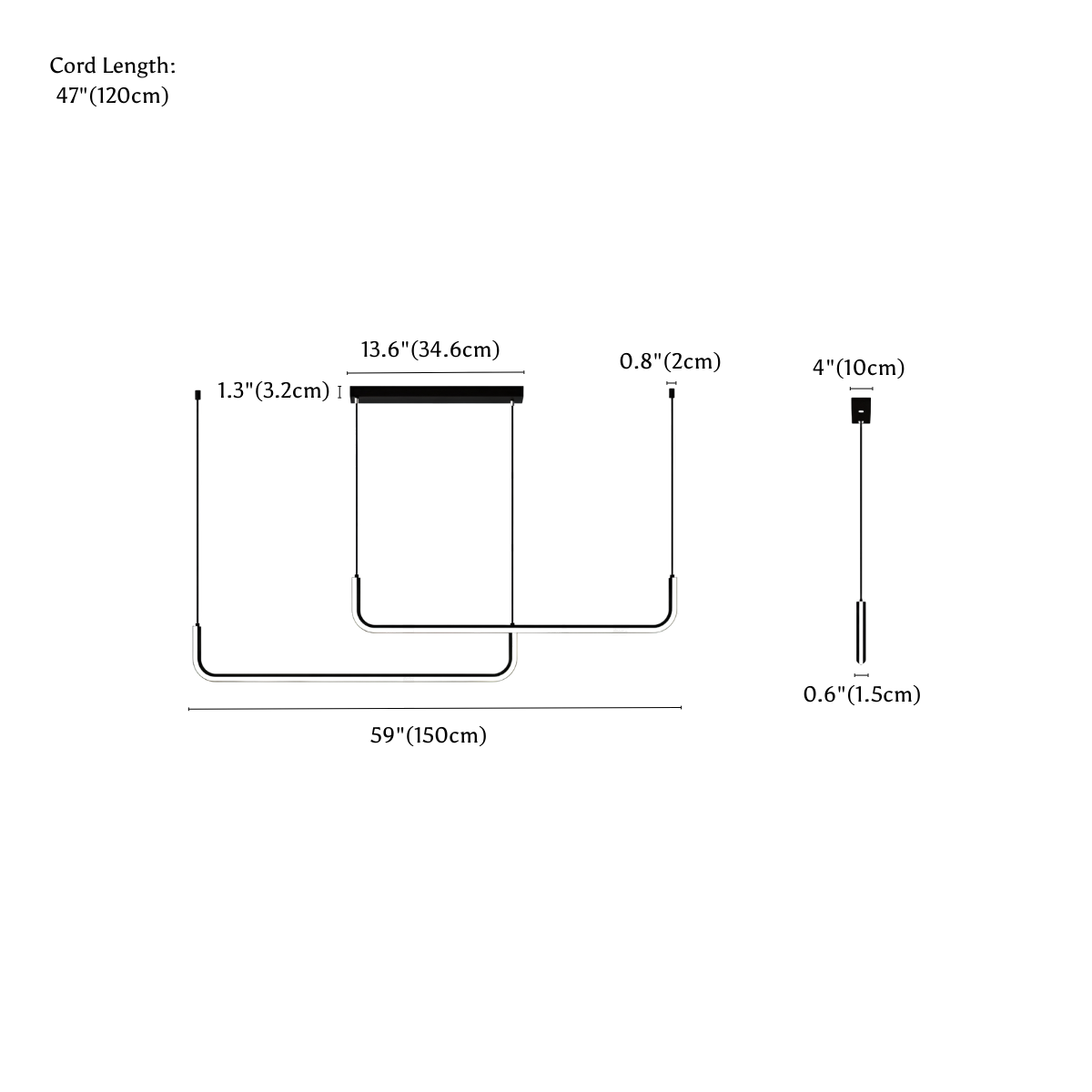 Clérachic chandelier dimension drawing, Double Center, every measurement marked in centimetres and inches.