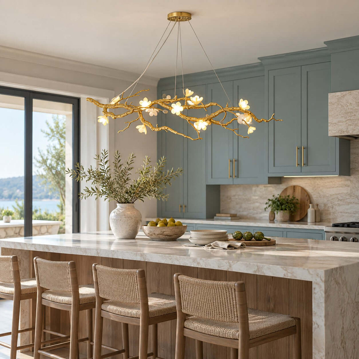 Kitchen with a Clérachic gold branch chandelier above a marble island, rattan-seat stools and blue-grey cabinets beside a lake window.