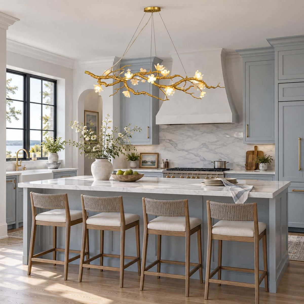 Close, side-on view of this Clérachic chandelier's gold branches and lit white blossoms above a blue island and woven stools.