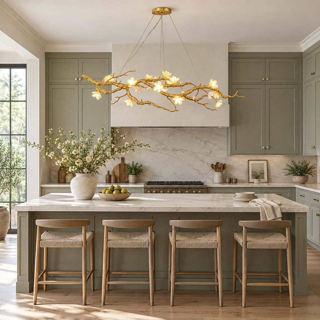 A Clérachic gold branch chandelier hangs over a marble island in a sage-green kitchen with a large plaster range hood.