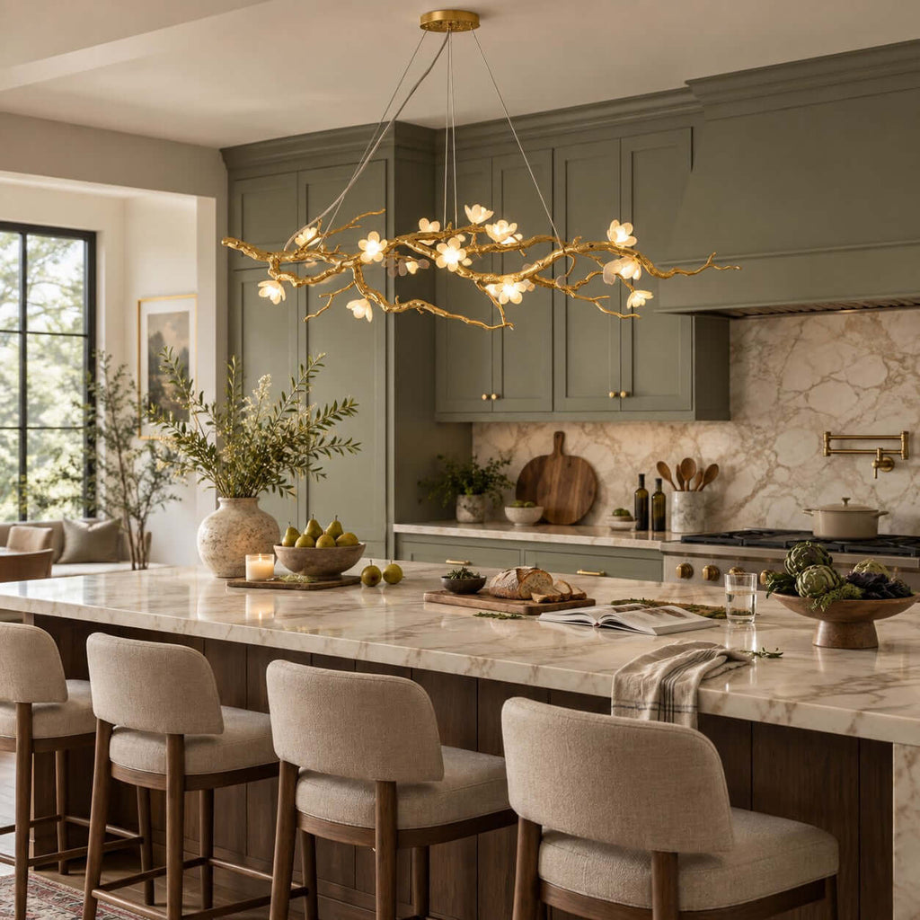 Warm kitchen with a Clérachic branch chandelier above a marble island with a cheese board, tan stools and green cabinets behind.