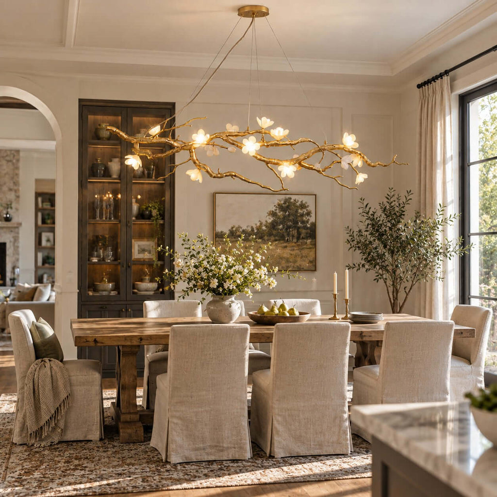 Dining room with a Clérachic gold branch chandelier over a rustic table with slipcovered chairs, a glass display cabinet and a landscape painting.