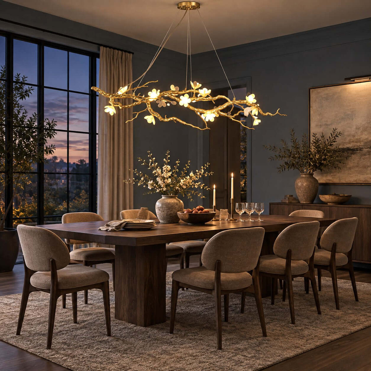 Dusk dining room with a Clérachic chandelier glowing over a dark wood table and taupe chairs, in front of tall windows.