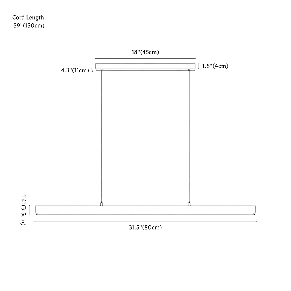 Clérachic pendant light dimension drawing, 80 cm, every measurement marked in centimetres and inches.