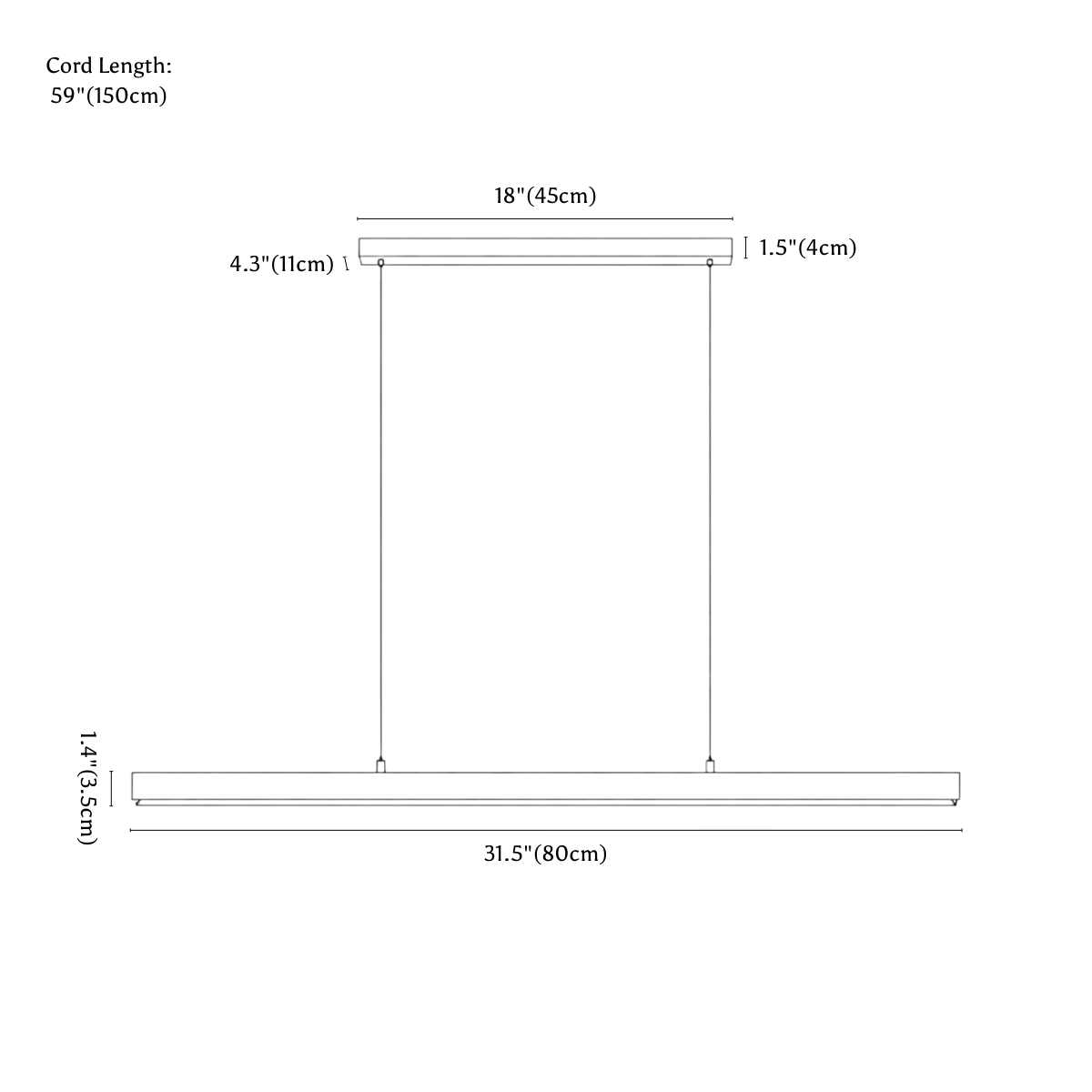 Clérachic pendant light dimension drawing, 80 cm, every measurement marked in centimetres and inches.