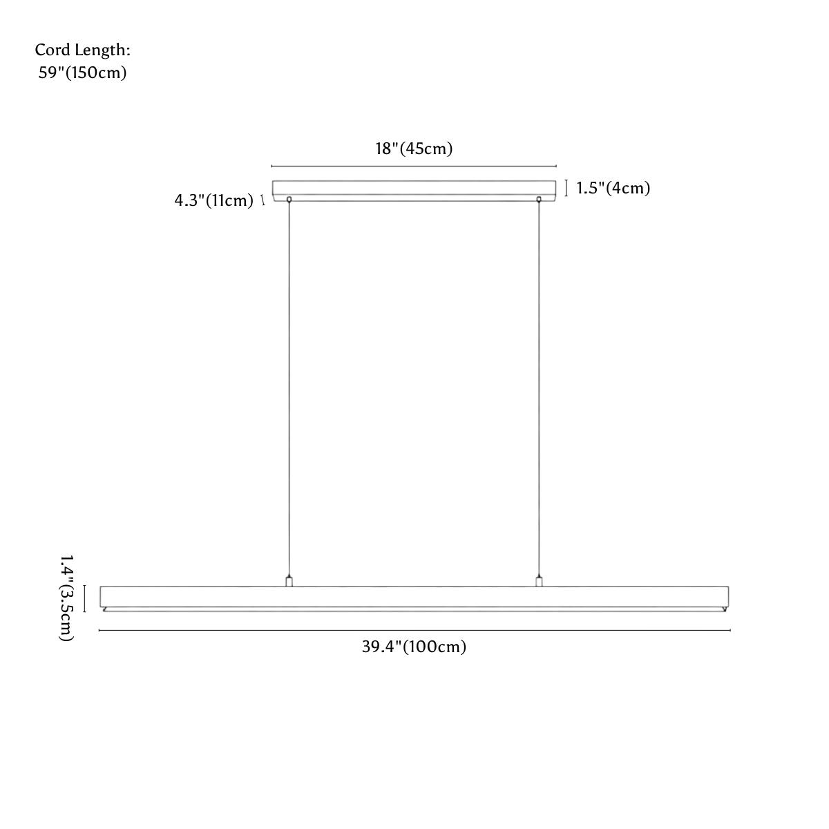 Clérachic pendant light dimension drawing, 100 cm, every measurement marked in centimetres and inches.