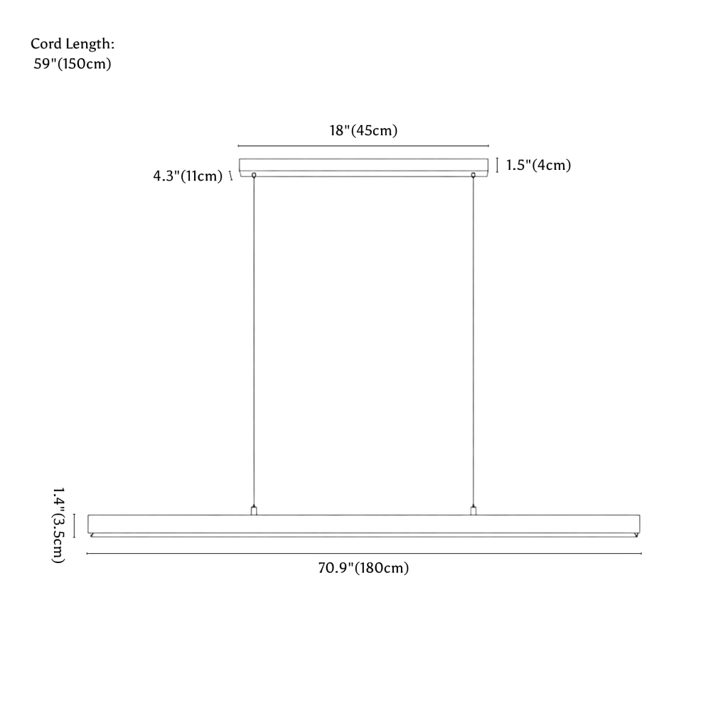 Clérachic pendant light dimension drawing, 180 cm, every measurement marked in centimetres and inches.