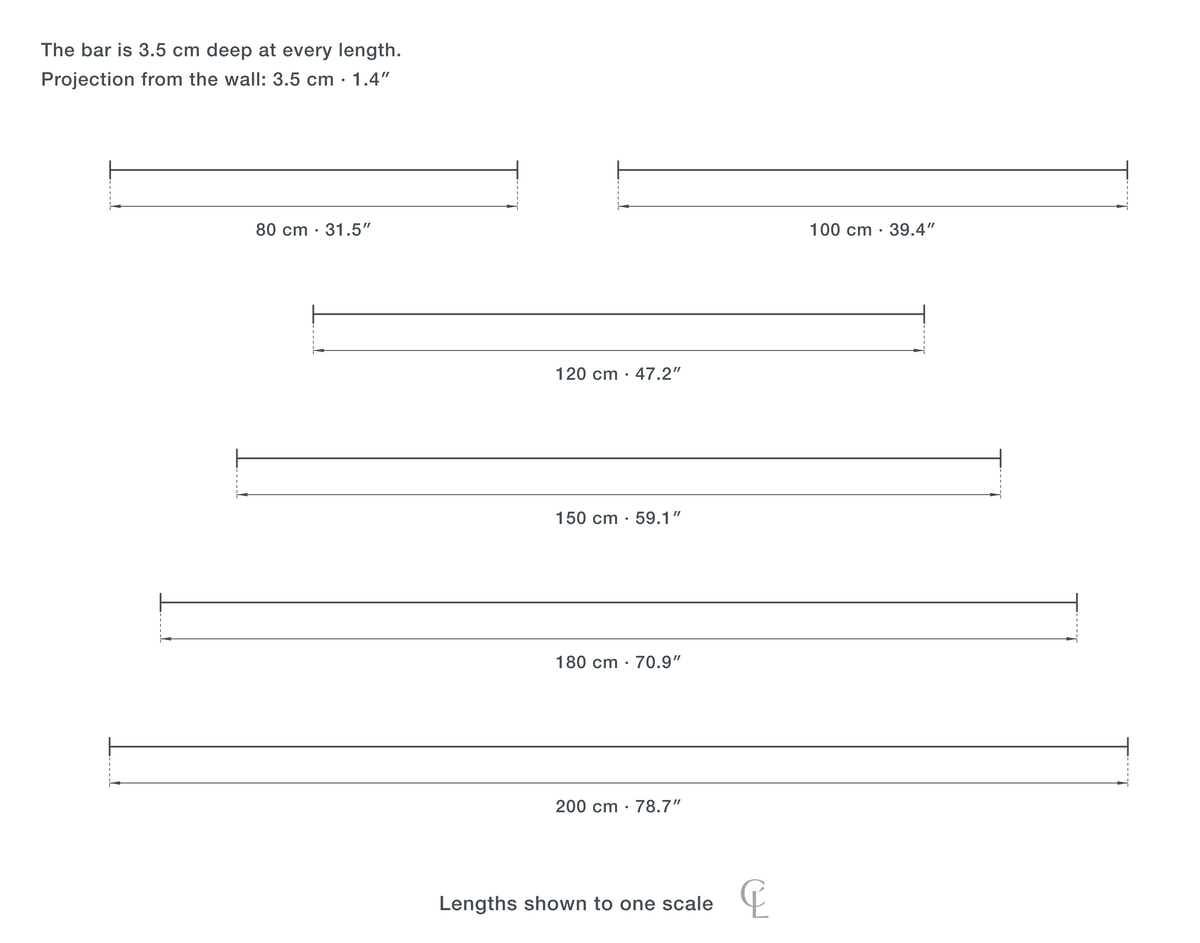 Technical dimension drawing of the Long Pendant Light for Kitchen Island, 80 to 200 cm in all 6 sizes — 80 cm (31.5″) long, 100 cm (39.4″) long, 120 cm (47.2″) long, 150 cm (59.1″) long, 180 cm (70.9″) long, 200 cm (78.7″) long, drawn to one scale.