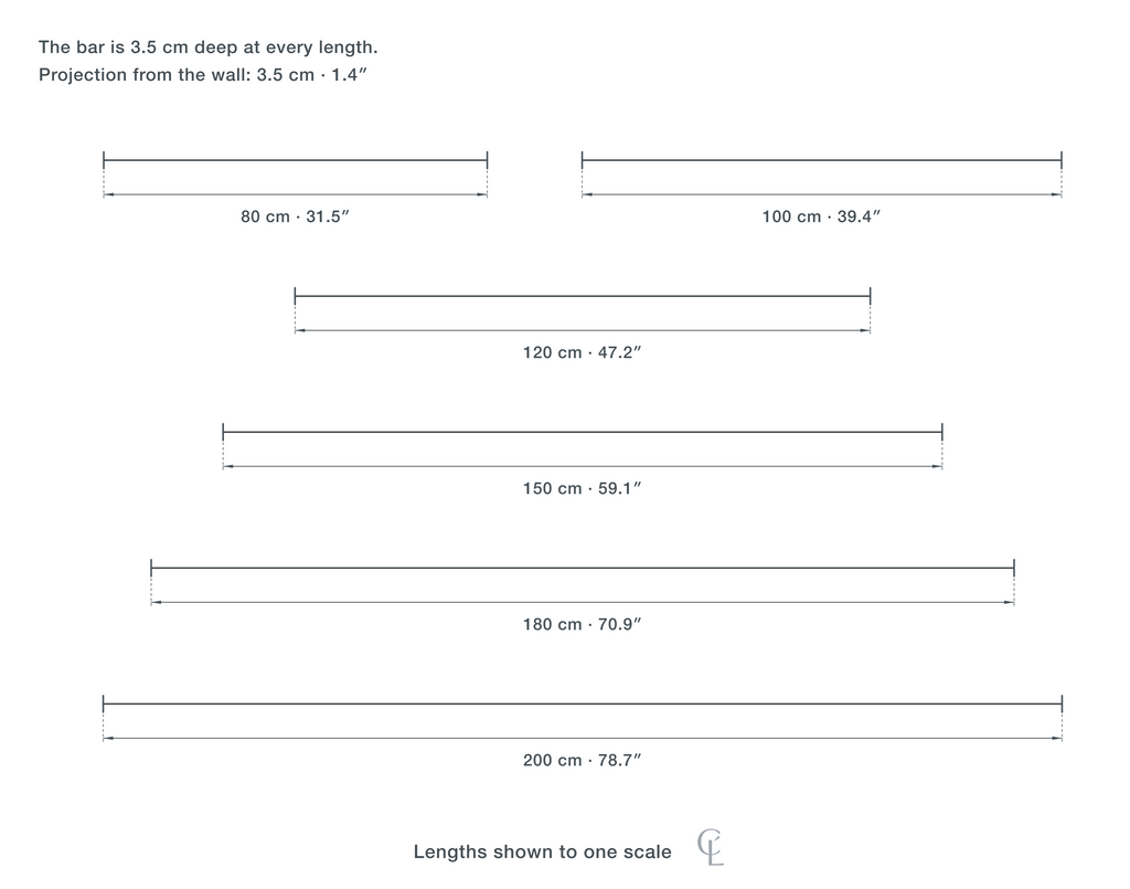 Technical dimension drawing of the Clérachic Long Pendant Light for Kitchen Island, 80 to 200 cm in all 6 sizes — 80 cm (31.5″) long, 100 cm (39.4″) long, 120 cm (47.2″) long, 150 cm (59.1″) long, 180 cm (70.9″) long, 200 cm (78.7″) long, drawn to one scale.
