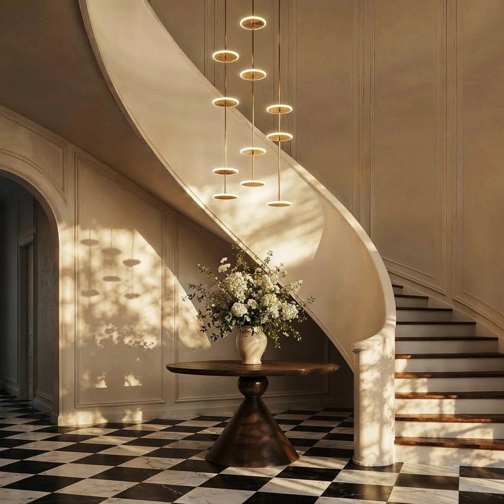 Clérachic gold LED disc chandelier descending in three columns beside a curved staircase, with a vase on a dark round table.