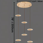 Clérachic six-disc gold chandelier line drawing on a round canopy, marked 30 cm across and 200 cm in drop.