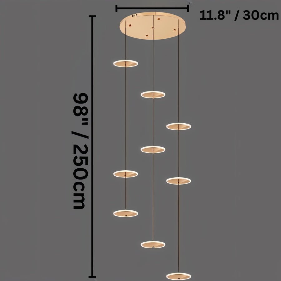 Clérachic nine-disc gold chandelier line drawing on a round canopy, marked 30 cm across and 250 cm in drop.