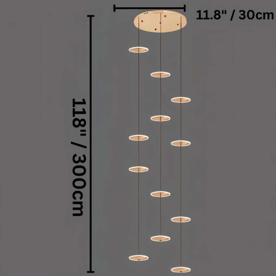 Clérachic twelve-disc gold chandelier line drawing on a round canopy, marked 30 cm across and 300 cm in drop.