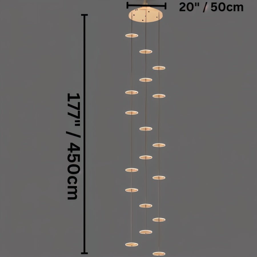 Clérachic eighteen-disc gold chandelier line drawing on a round canopy, marked 50 cm across and 450 cm in drop.