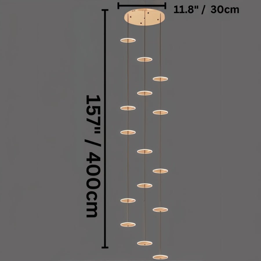 Clérachic fifteen-disc gold chandelier line drawing on a round canopy, marked 30 cm across and 400 cm in drop.