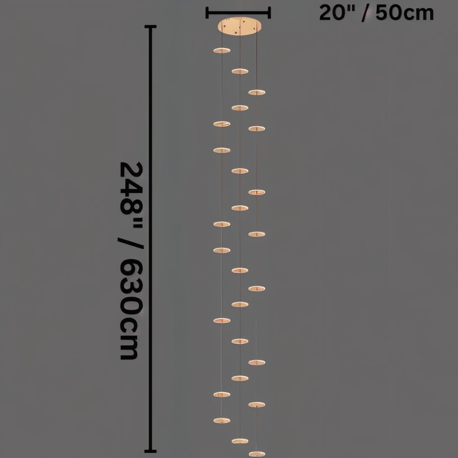 Clérachic twenty-five-disc gold chandelier line drawing on a round canopy, marked 50 cm across and 630 cm in drop.