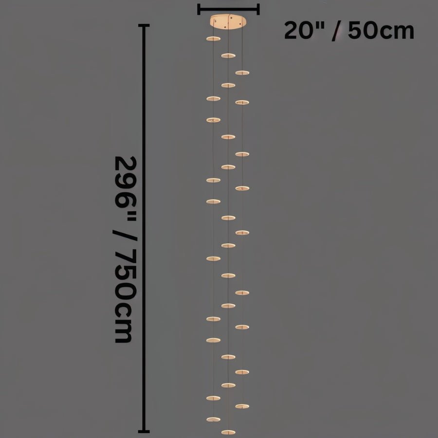 Clérachic thirty-disc gold chandelier line drawing on a round canopy, marked 50 cm across and 750 cm in drop.