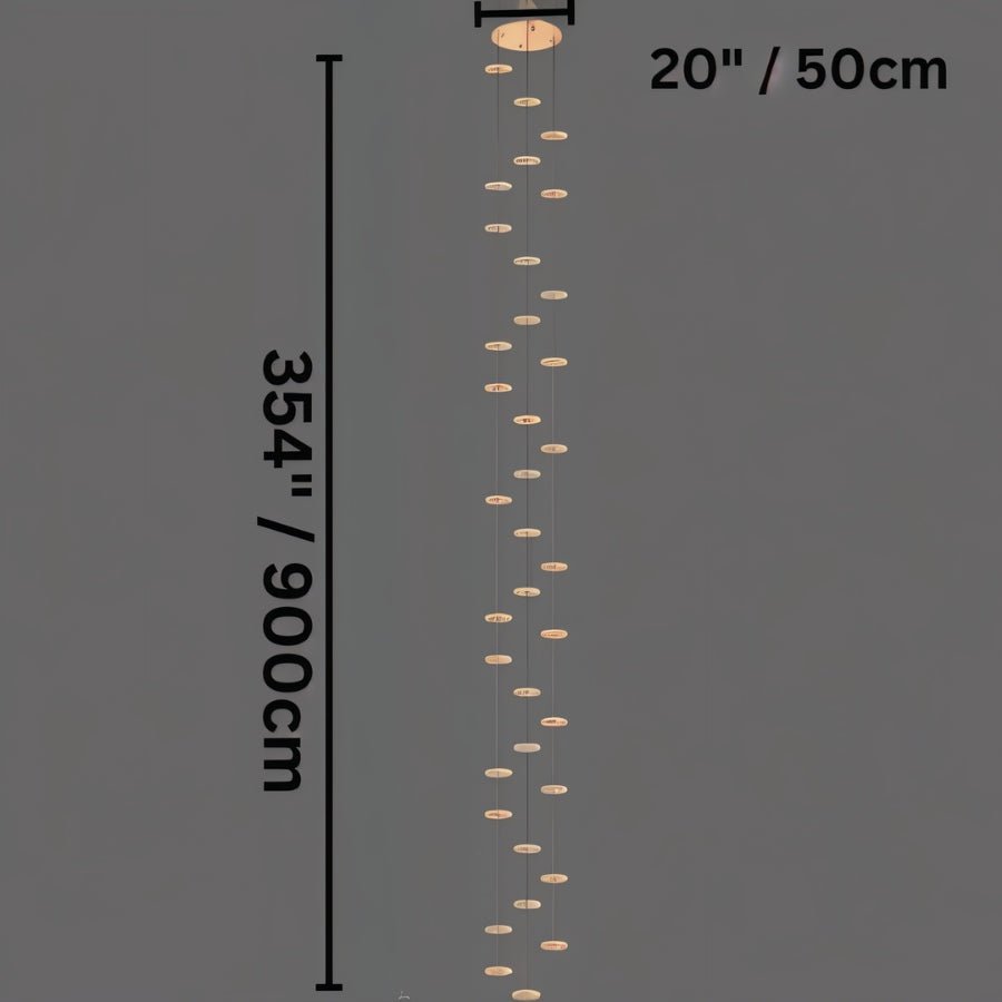 Clérachic thirty-six-disc gold chandelier line drawing on a round canopy, marked 50 cm across and 900 cm in drop.