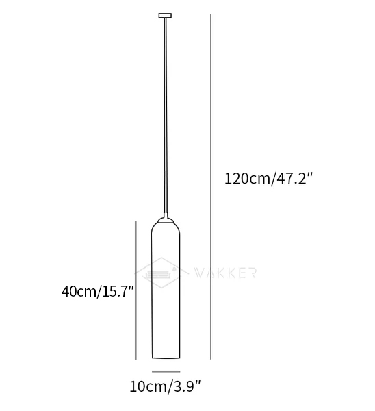 Dimension drawing of the long tube glass pendant light, in outline against white.