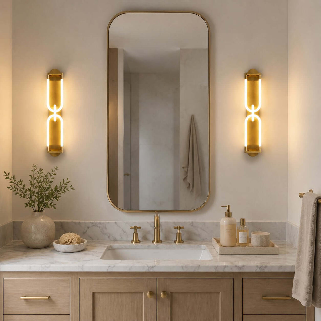 Two gold Clérachic loop wall lights on either side of an arched mirror above a marble vanity with brass taps.