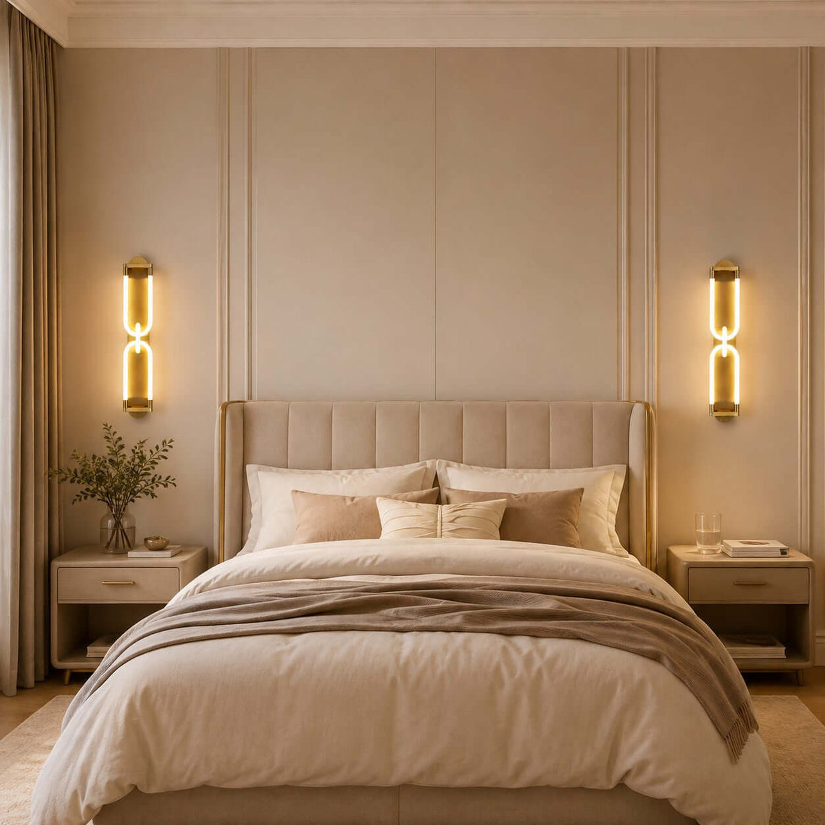 A pair of lit gold Clérachic wall lights flanking a bed with a cream headboard, one over each bedside table.
