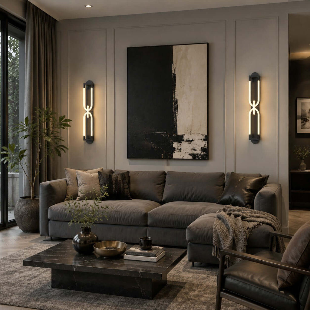 Two black Clérachic loop wall lights lit either side of a large abstract canvas, above a grey sofa and dark coffee table.