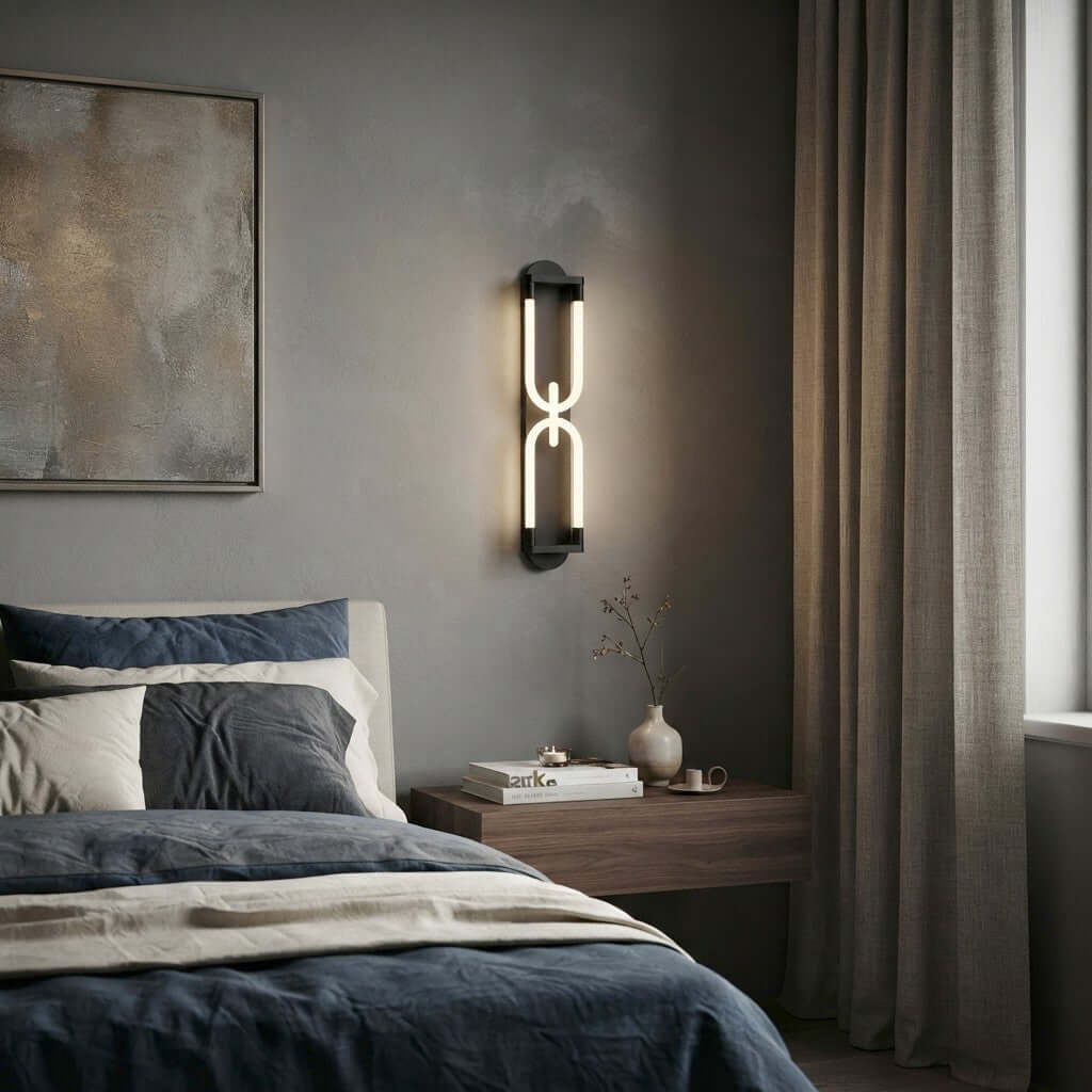 Black Clérachic loop wall light on a grey wall above a bed in navy linen, with a framed textured artwork beside it.