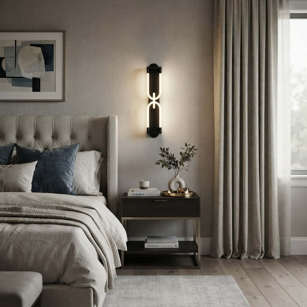 A lit black Clérachic wall light above a bedside table, next to a grey tufted headboard and long cream curtains.