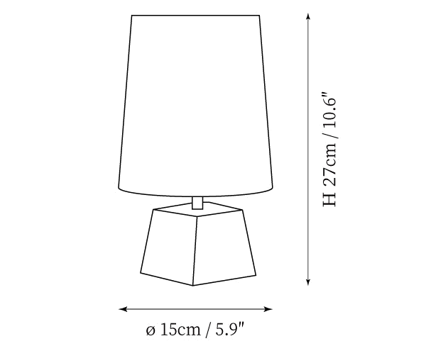 Dimension drawing of this Clérachic table lamp, with its 27 cm height and 15 cm base width marked.