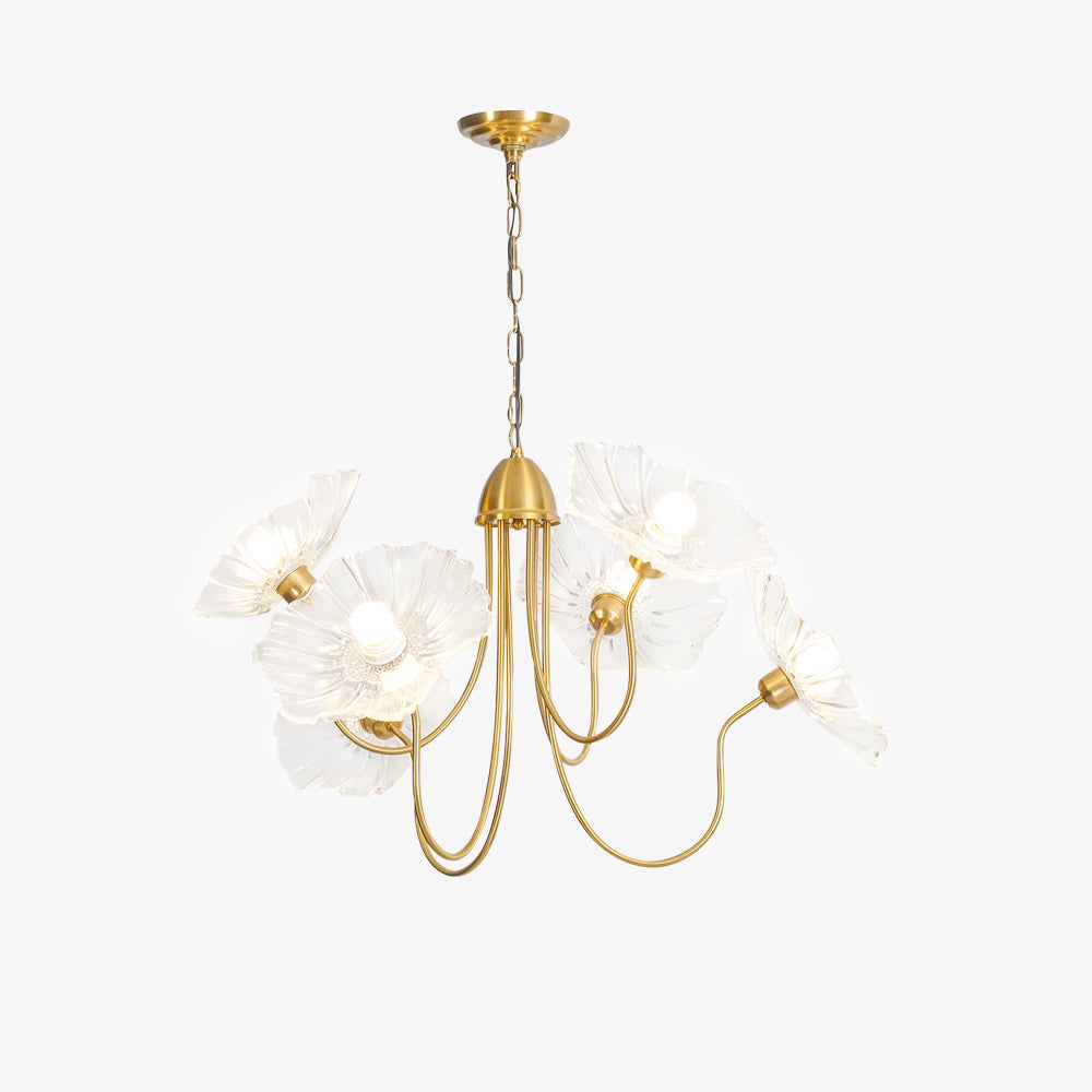 Isolated product shot of the Clérachic Lotus Blossom Chandelier's 6-light clear glass version, chain and frame visible.