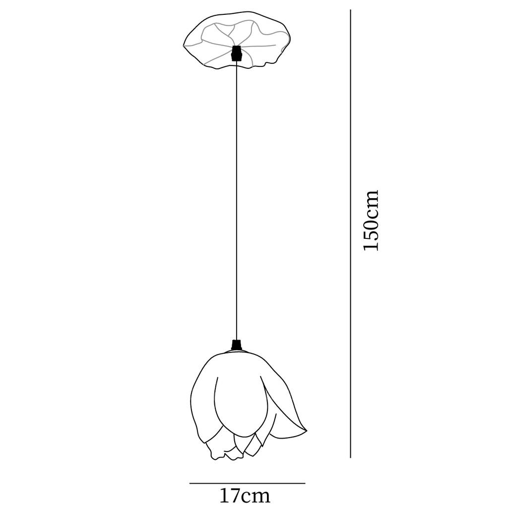 Dimension drawing of this single Clérachic water-lily pendant, with its 150 cm drop and 17 cm width marked.