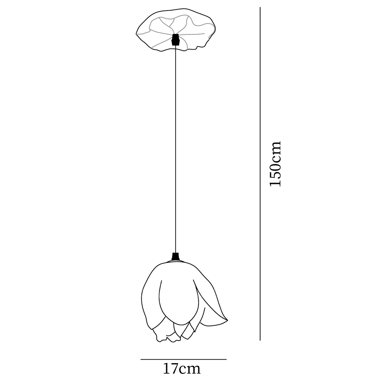 Dimension drawing of this single Clérachic water-lily pendant, with its 150 cm drop and 17 cm width marked.