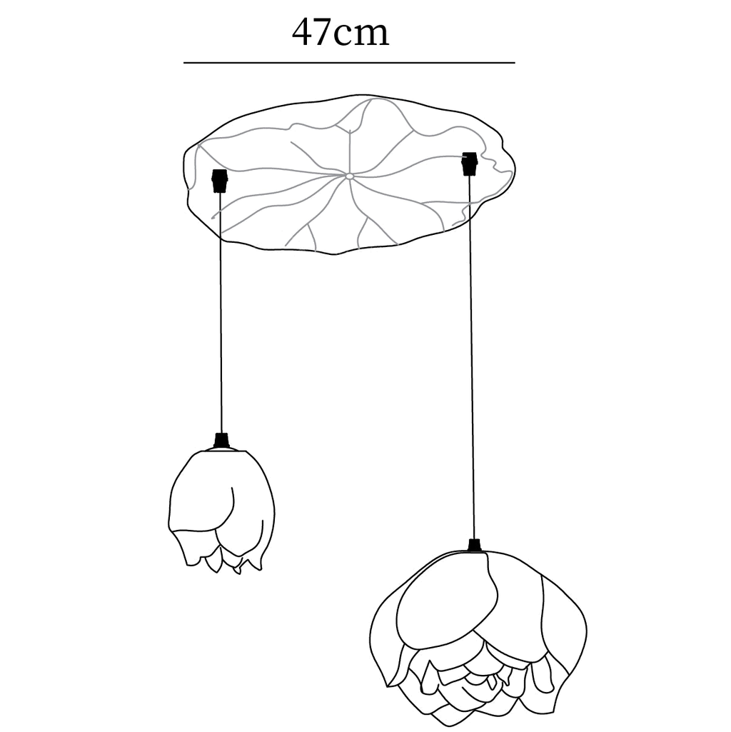 Dimension drawing of this two-head Clérachic water-lily chandelier, with the 47 cm canopy width marked.
