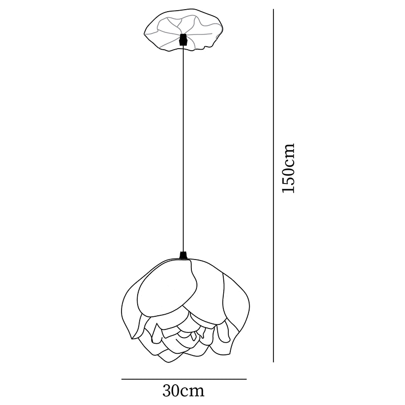 Dimension drawing of this single larger Clérachic water-lily pendant, with its 150 cm drop and 30 cm width marked.