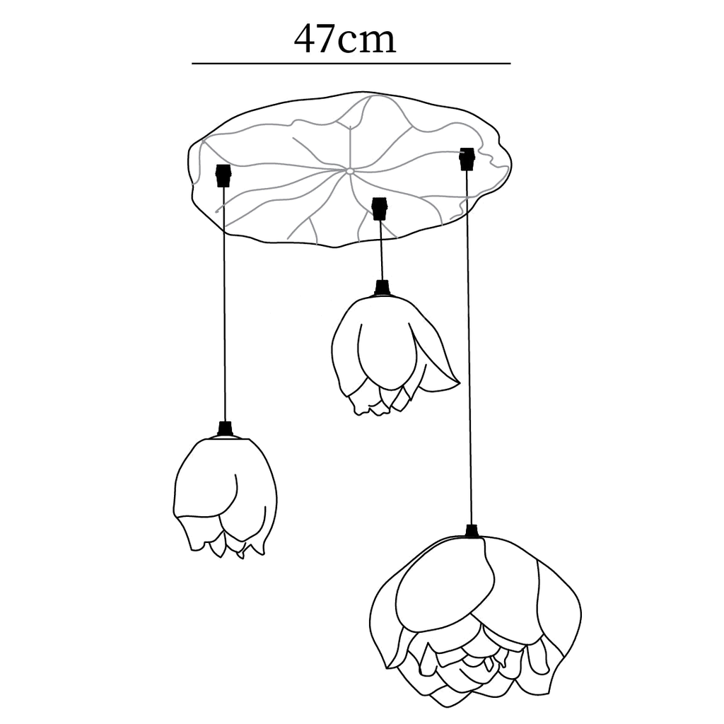 Dimension drawing of this three-head Clérachic water-lily chandelier, with the 47 cm canopy width marked.