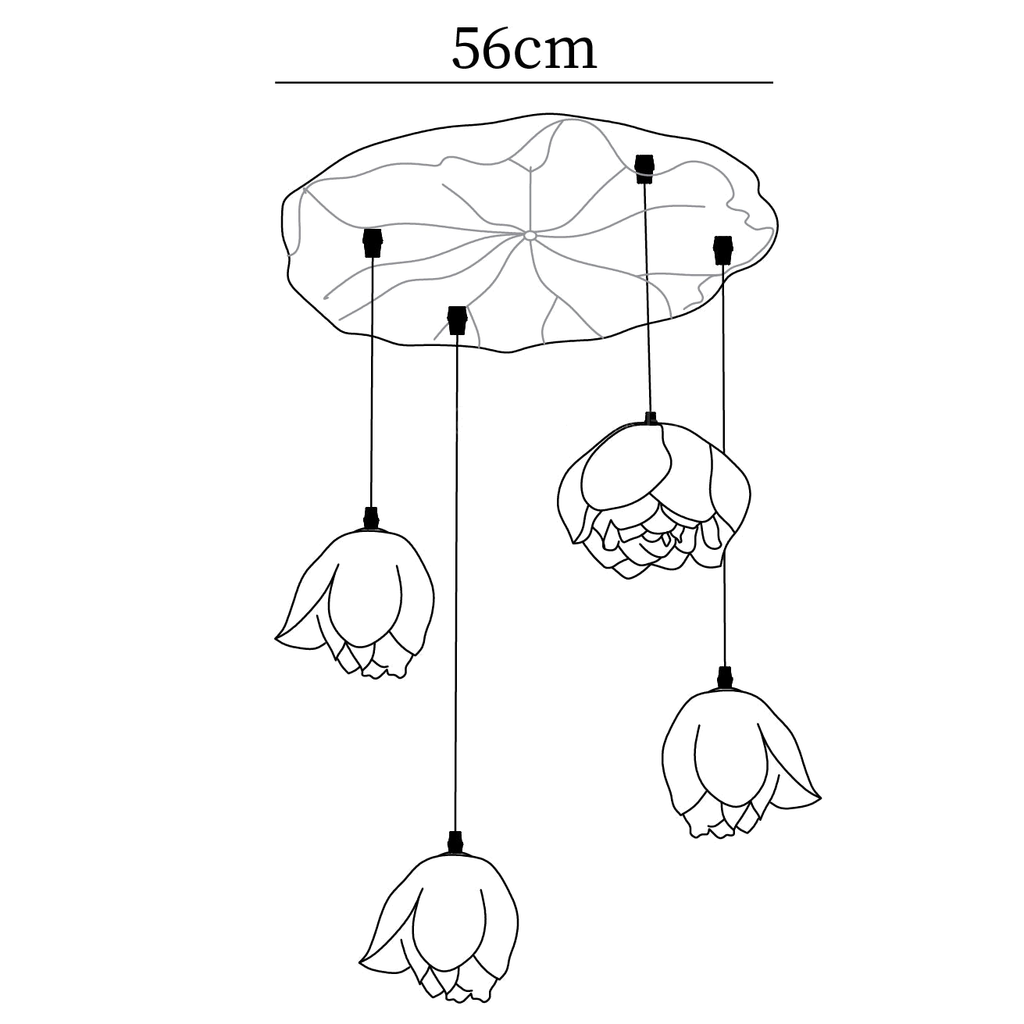Dimension drawing of this four-head Clérachic water-lily chandelier, with the 56 cm canopy width marked.