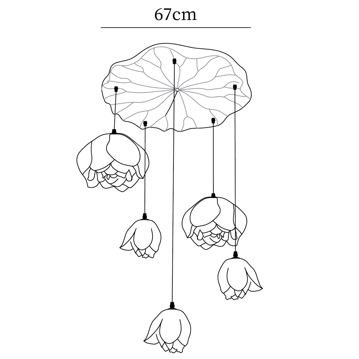 Dimension drawing of this five-head Clérachic water-lily chandelier, with the 67 cm canopy width marked.
