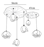 Dimension drawing of this six-head Clérachic water-lily chandelier, with its 56 cm and 47 cm canopies marked.