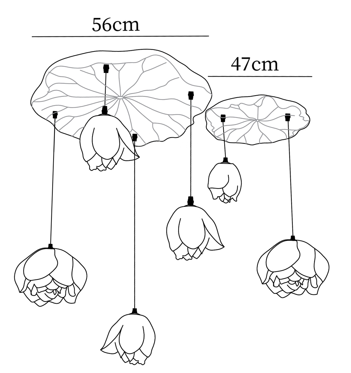 Dimension drawing of this six-head Clérachic water-lily chandelier, with its 56 cm and 47 cm canopies marked.