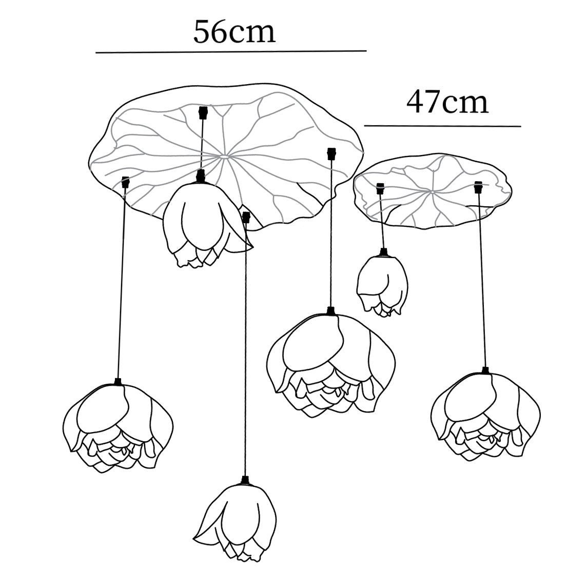 Dimension drawing of this second six-head Clérachic water-lily layout, with its 56 cm and 47 cm canopies marked.