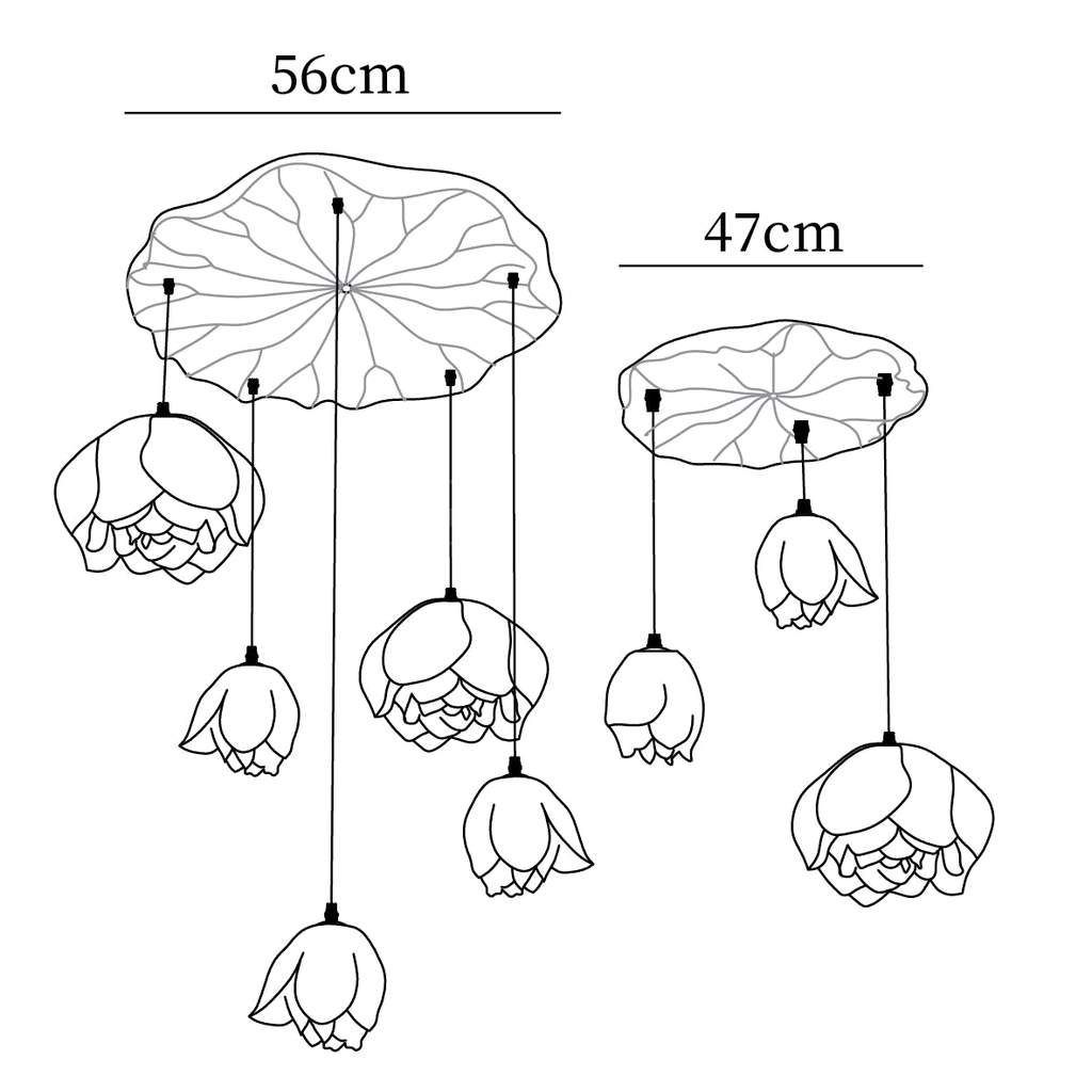 Dimension drawing of this seven-head Clérachic water-lily chandelier, with its 56 cm and 47 cm canopies marked.