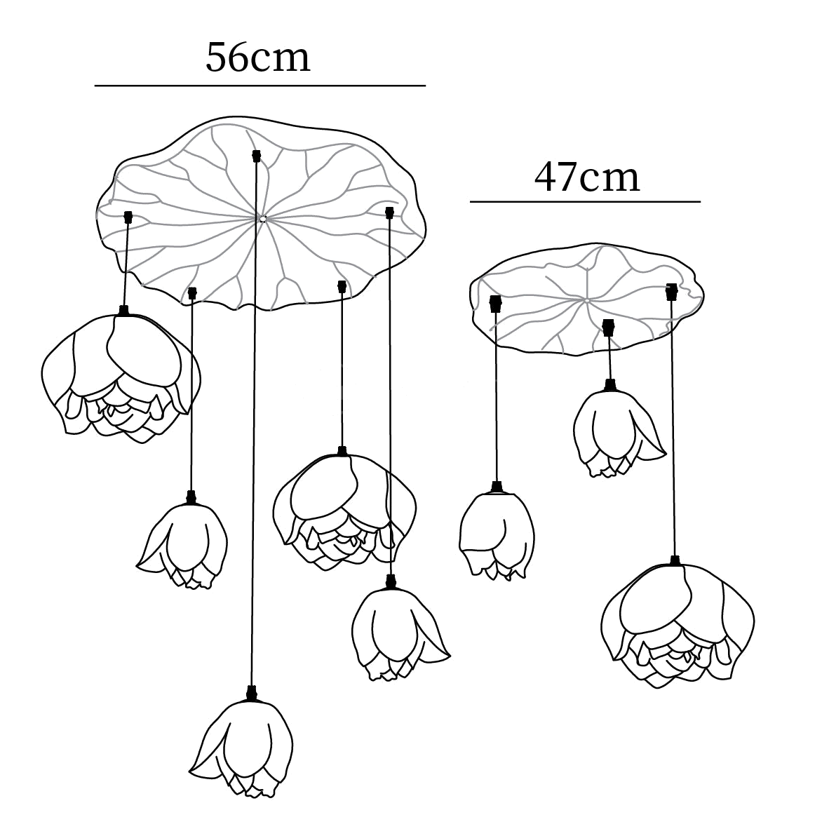 Dimension drawing of this seven-head Clérachic water-lily chandelier, with its 56 cm and 47 cm canopies marked.