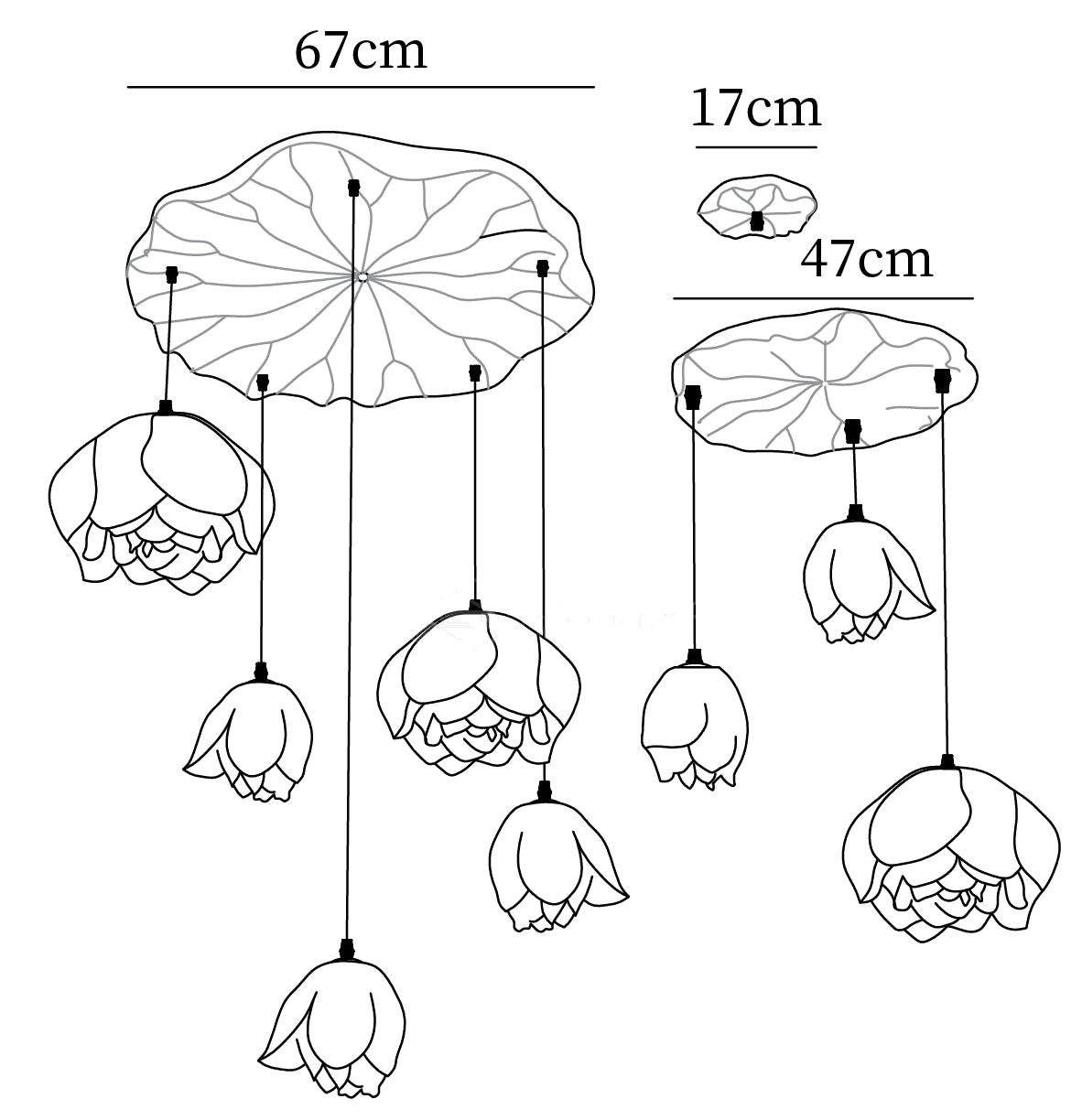 Dimension drawing of this eight-head Clérachic water-lily chandelier, with its 67 cm, 47 cm and 17 cm canopies marked.