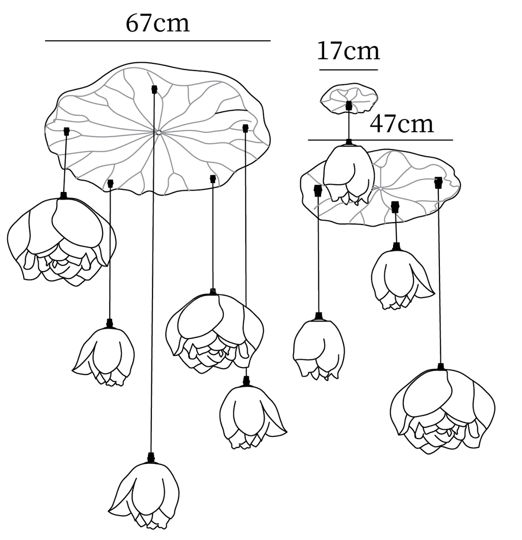 Dimension drawing of this nine-head Clérachic water-lily chandelier, with its 67 cm, 47 cm and 17 cm canopies marked.