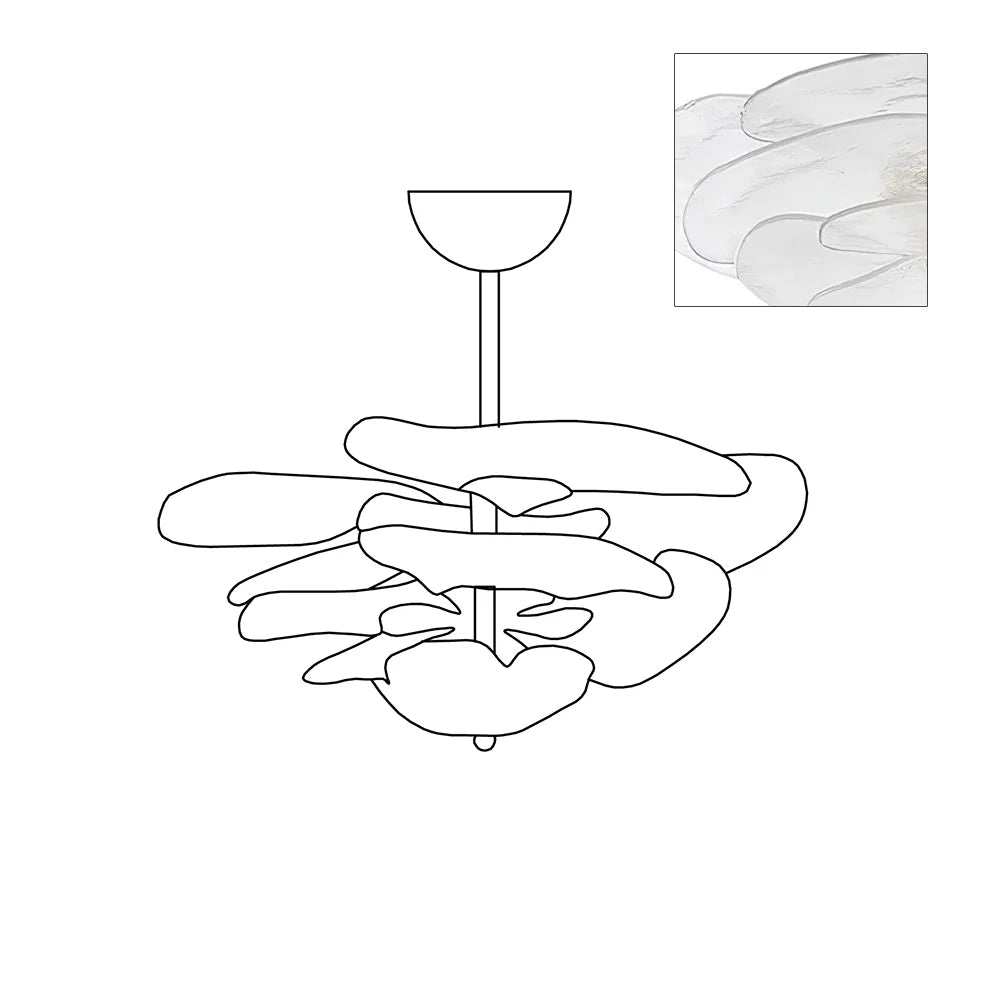 Line drawing of the Clérachic Lotus Leaf Glass Chandelier with an inset swatch of the clear rippled glass leaves.