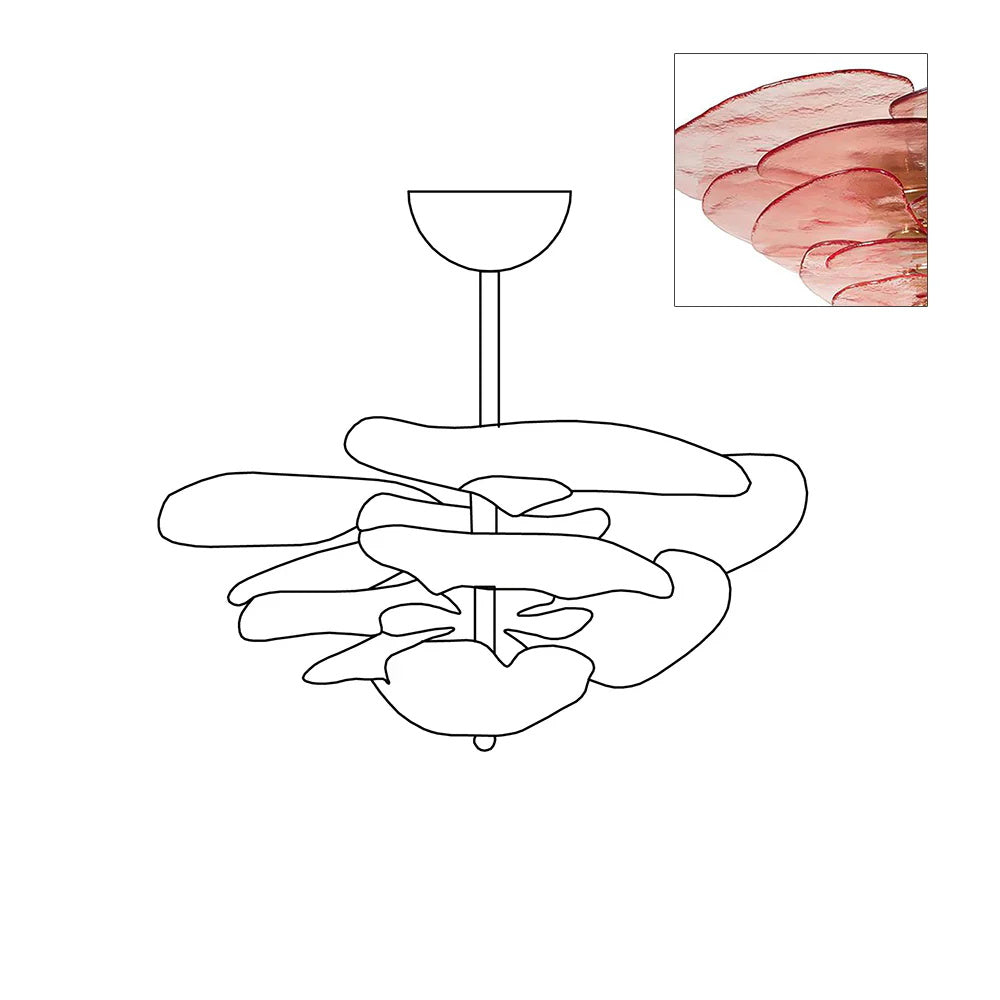 Outline of the Clérachic Lotus Leaf Glass Chandelier beside an inset of the pink glass leaves edged in deep ruby.