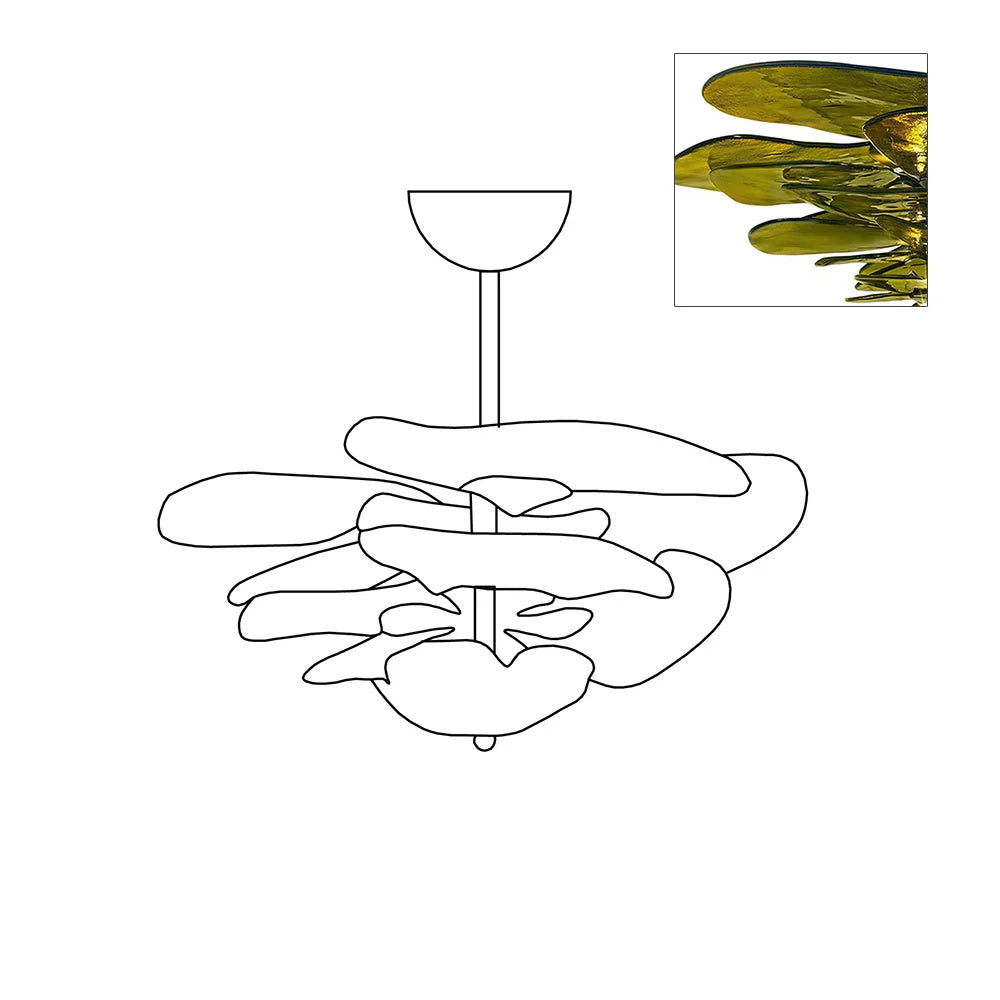 Clérachic lotus leaf chandelier drawn in outline, with an inset of the olive-green glass leaves lit from beneath.
