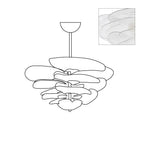 Wide-silhouette drawing of the Clérachic Lotus Leaf Glass Chandelier, inset showing the frosted clear glass overlapping.