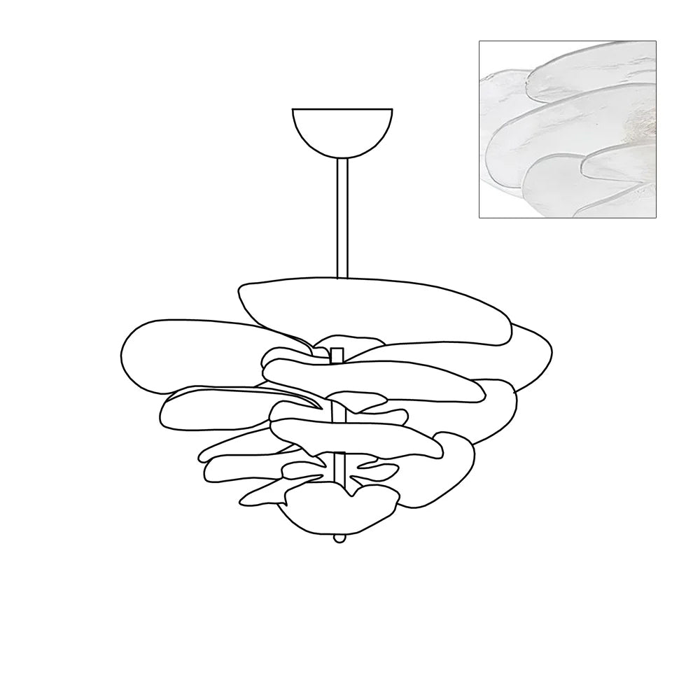 Wide-silhouette drawing of the Clérachic Lotus Leaf Glass Chandelier, inset showing the frosted clear glass overlapping.